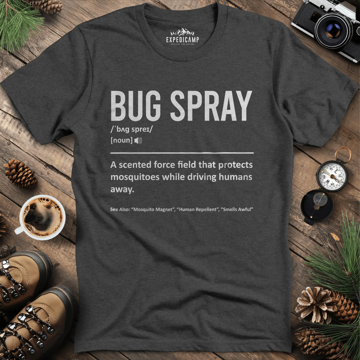 Bug Spray Definition T-Shirt – Dark Heather – Outdoor apparel for travel, hiking, camping, and nature lovers – ExpediCamp