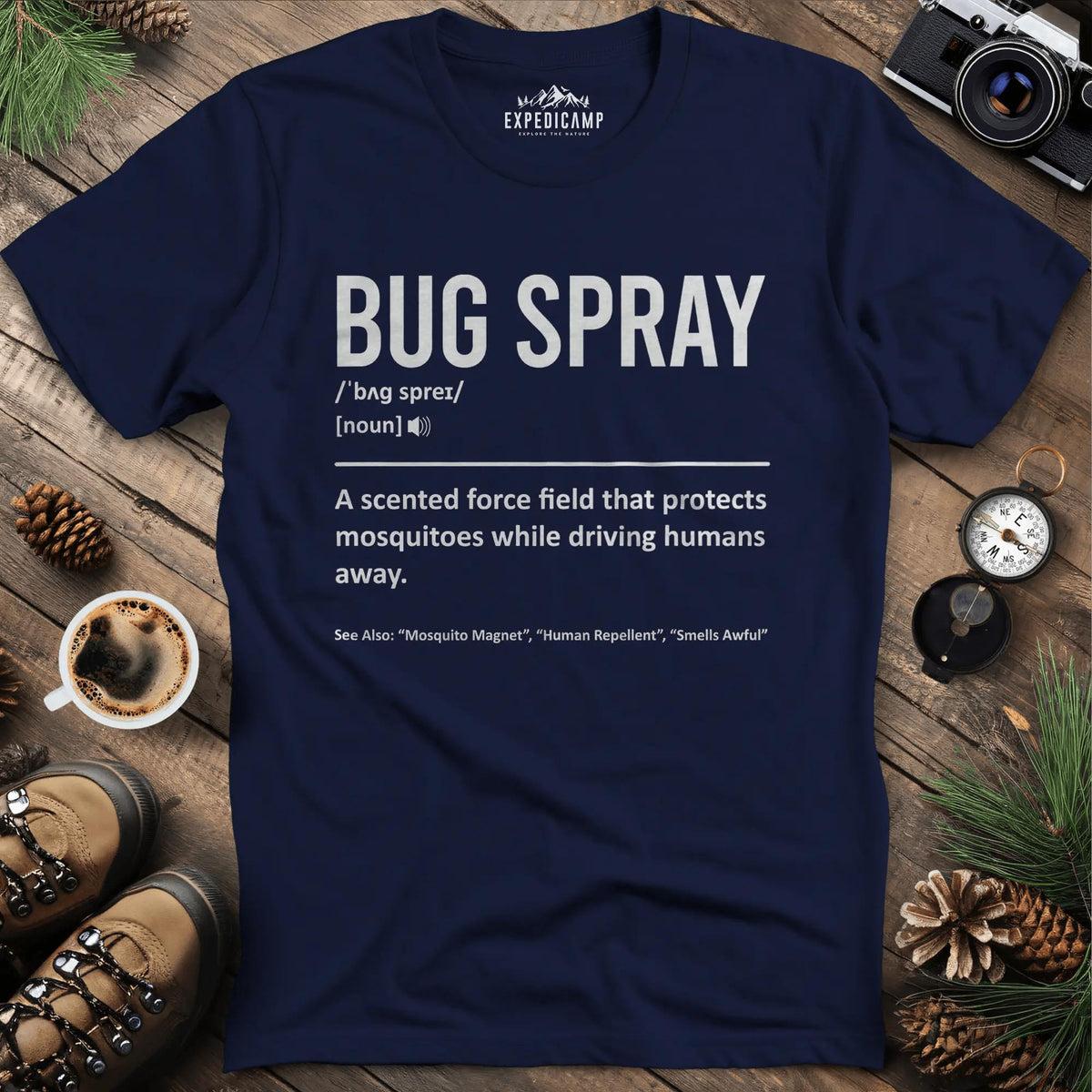 Bug Spray Definition T-Shirt – Navy – Outdoor apparel for travel, hiking, camping, and nature lovers – ExpediCamp