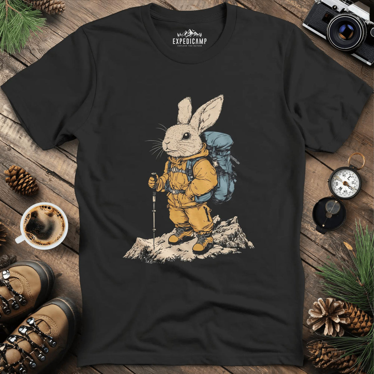 Bunny Hiker T-Shirt – Hop Into Adventure – Black – Outdoor apparel for travel, hiking, camping, and nature lovers – ExpediCamp