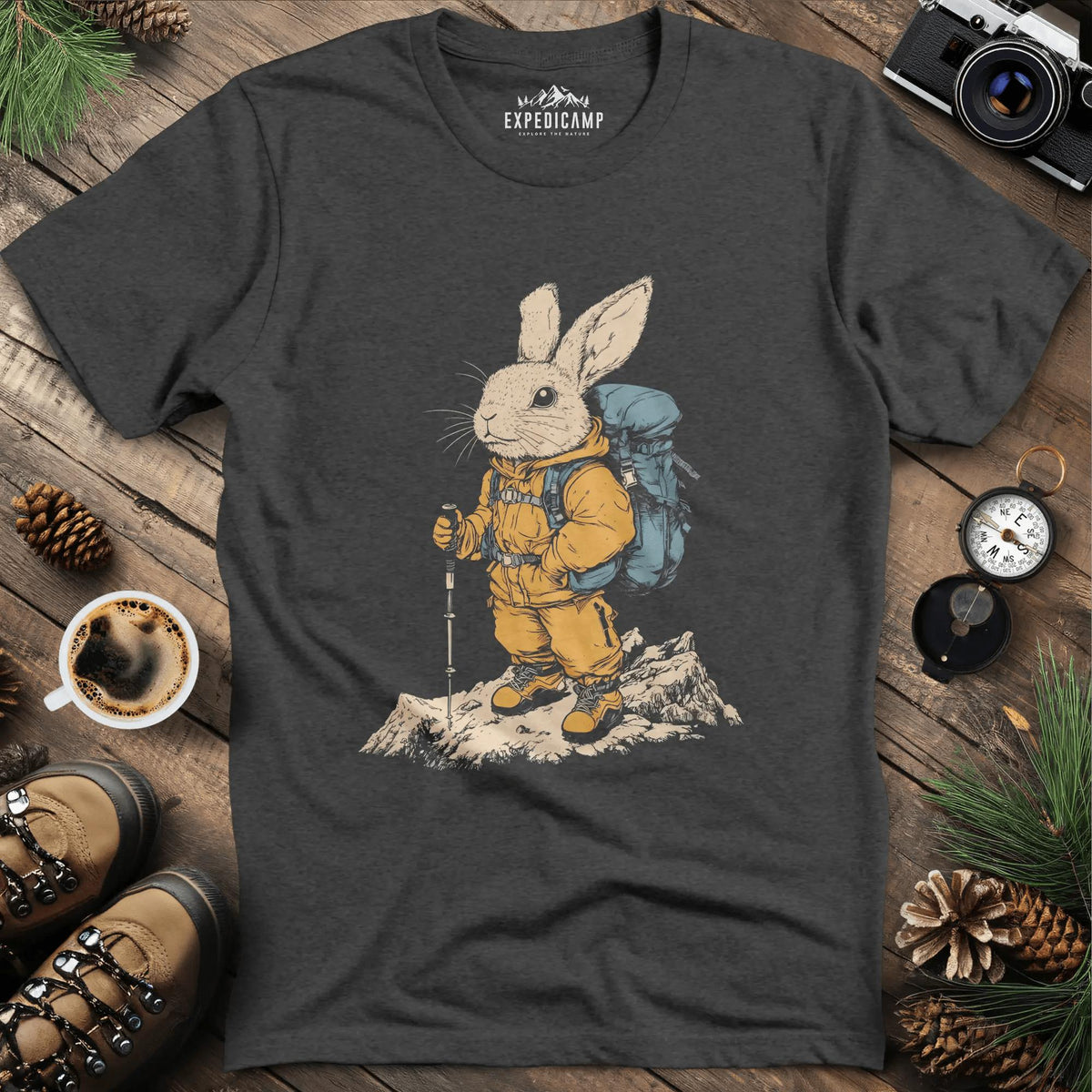 Bunny Hiker T-Shirt – Hop Into Adventure – Dark Heather – Outdoor apparel for travel, hiking, camping, and nature lovers – ExpediCamp