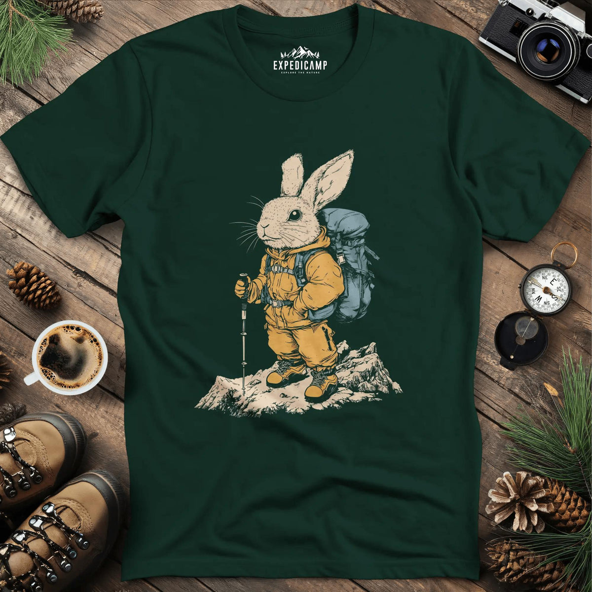 Bunny Hiker T-Shirt – Hop Into Adventure – Forest Green – Outdoor apparel for travel, hiking, camping, and nature lovers – ExpediCamp