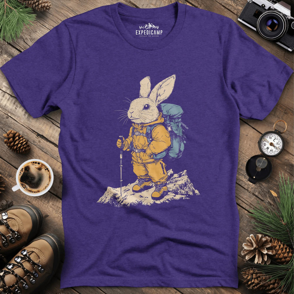 Bunny Hiker T-Shirt – Hop Into Adventure – Heather Purple – Outdoor apparel for travel, hiking, camping, and nature lovers – ExpediCamp