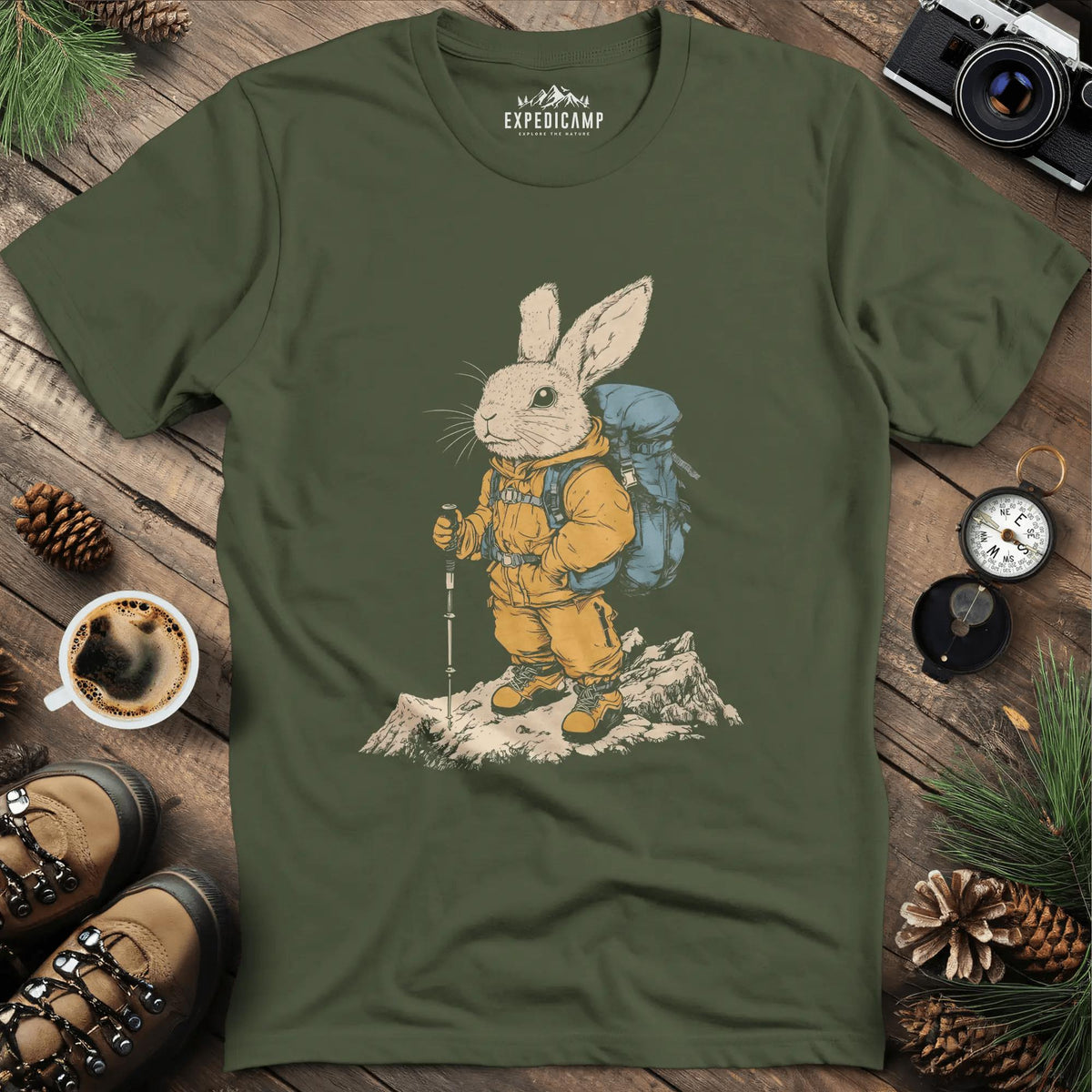 Bunny Hiker T-Shirt – Hop Into Adventure – Military Green – Outdoor apparel for travel, hiking, camping, and nature lovers – ExpediCamp