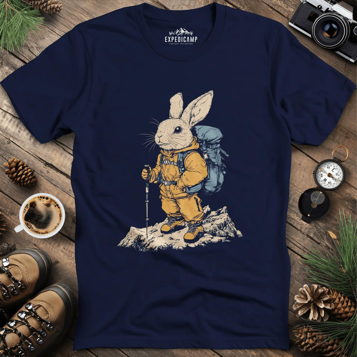 Bunny Hiker T-Shirt – Hop Into Adventure – Navy – Outdoor apparel for travel, hiking, camping, and nature lovers – ExpediCamp