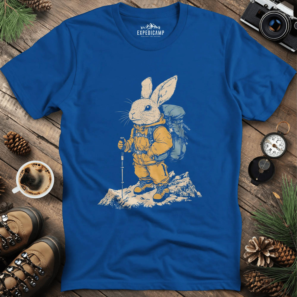 Bunny Hiker T-Shirt – Hop Into Adventure – Royal – Outdoor apparel for travel, hiking, camping, and nature lovers – ExpediCamp