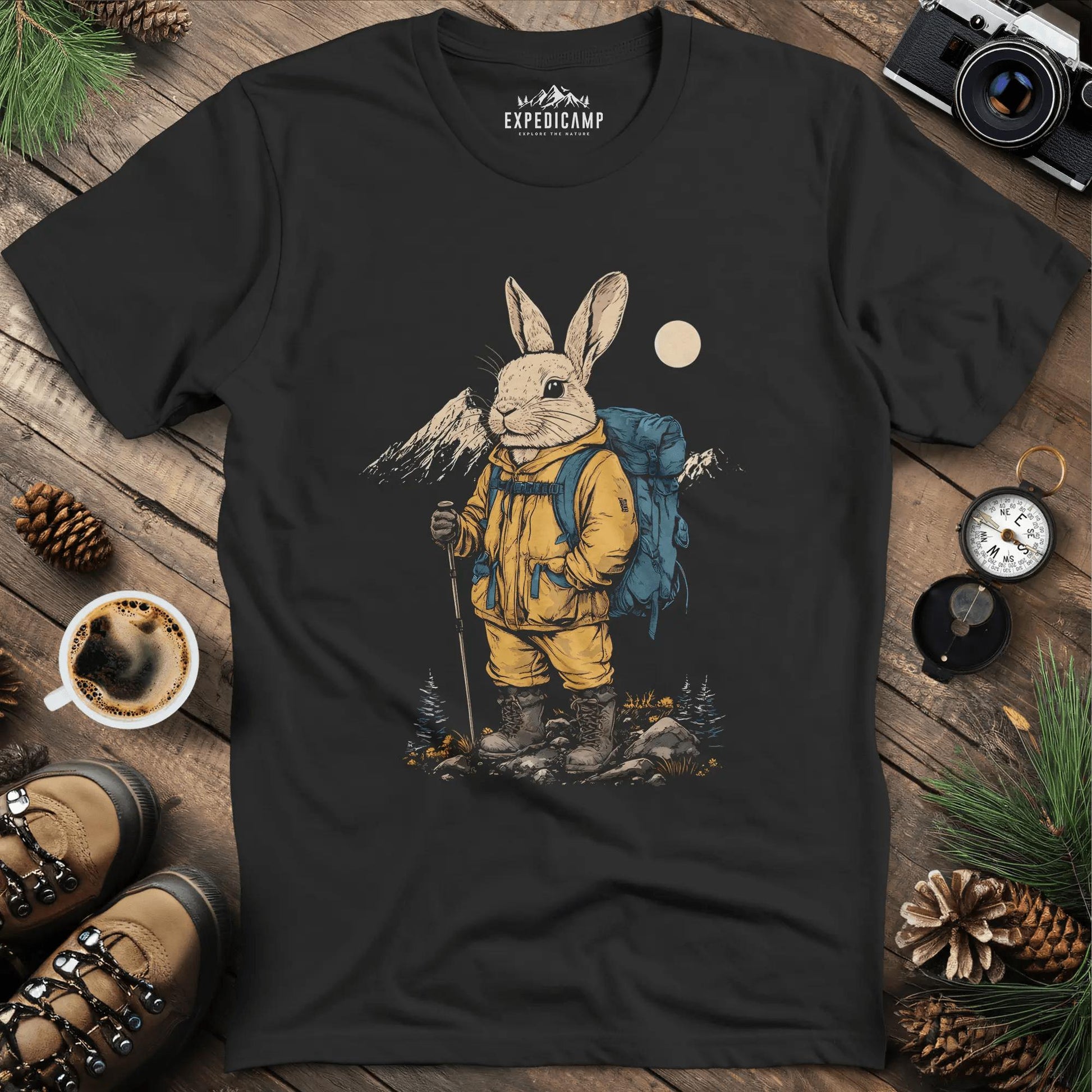 Bunny in the Mountains T-Shirt – Cute Wilderness Companion – Black – Outdoor apparel for travel, hiking, camping, and nature lovers – ExpediCamp