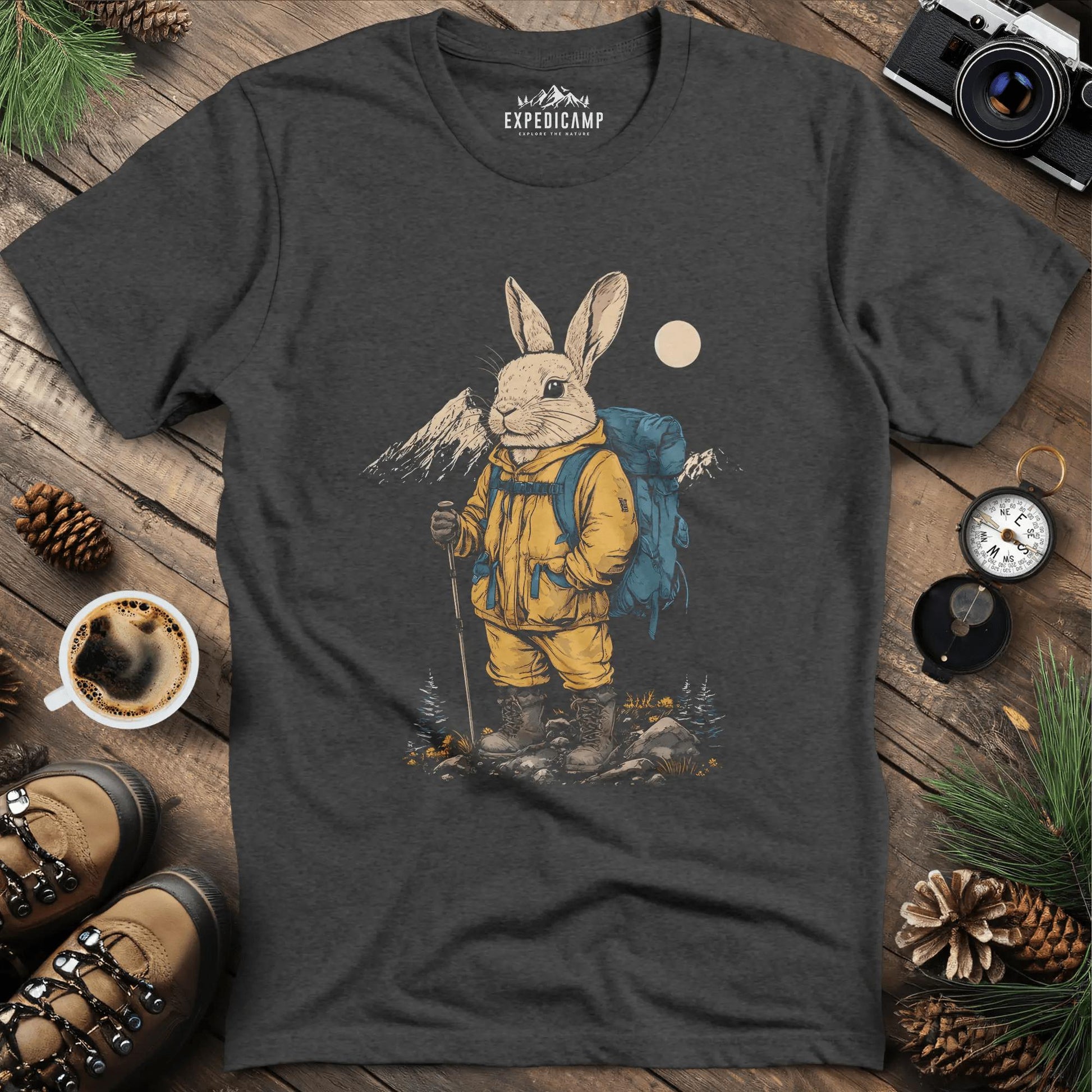 Bunny in the Mountains T-Shirt – Cute Wilderness Companion – Dark Heather – Outdoor apparel for travel, hiking, camping, and nature lovers – ExpediCamp