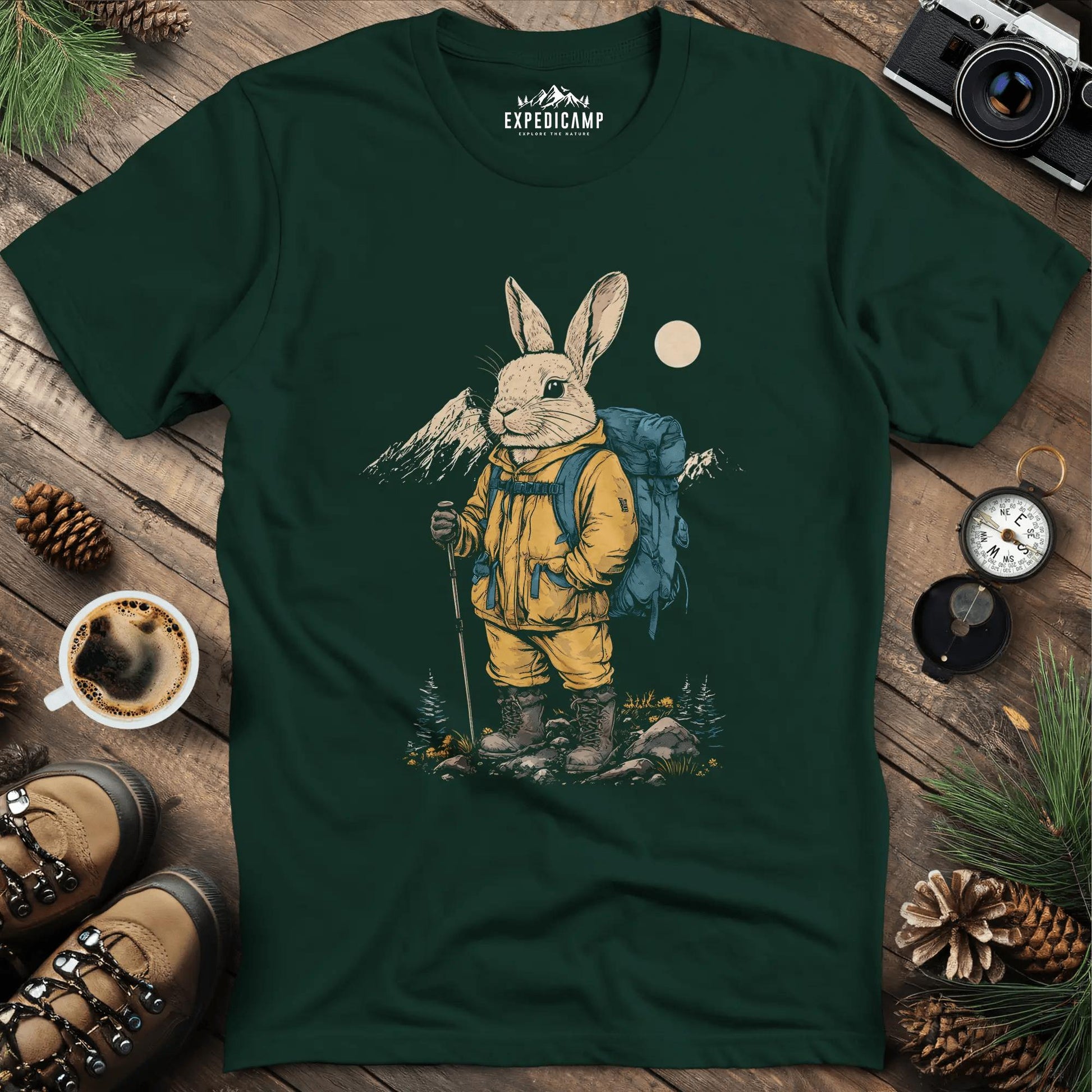 Bunny in the Mountains T-Shirt – Cute Wilderness Companion – Forest Green – Outdoor apparel for travel, hiking, camping, and nature lovers – ExpediCamp