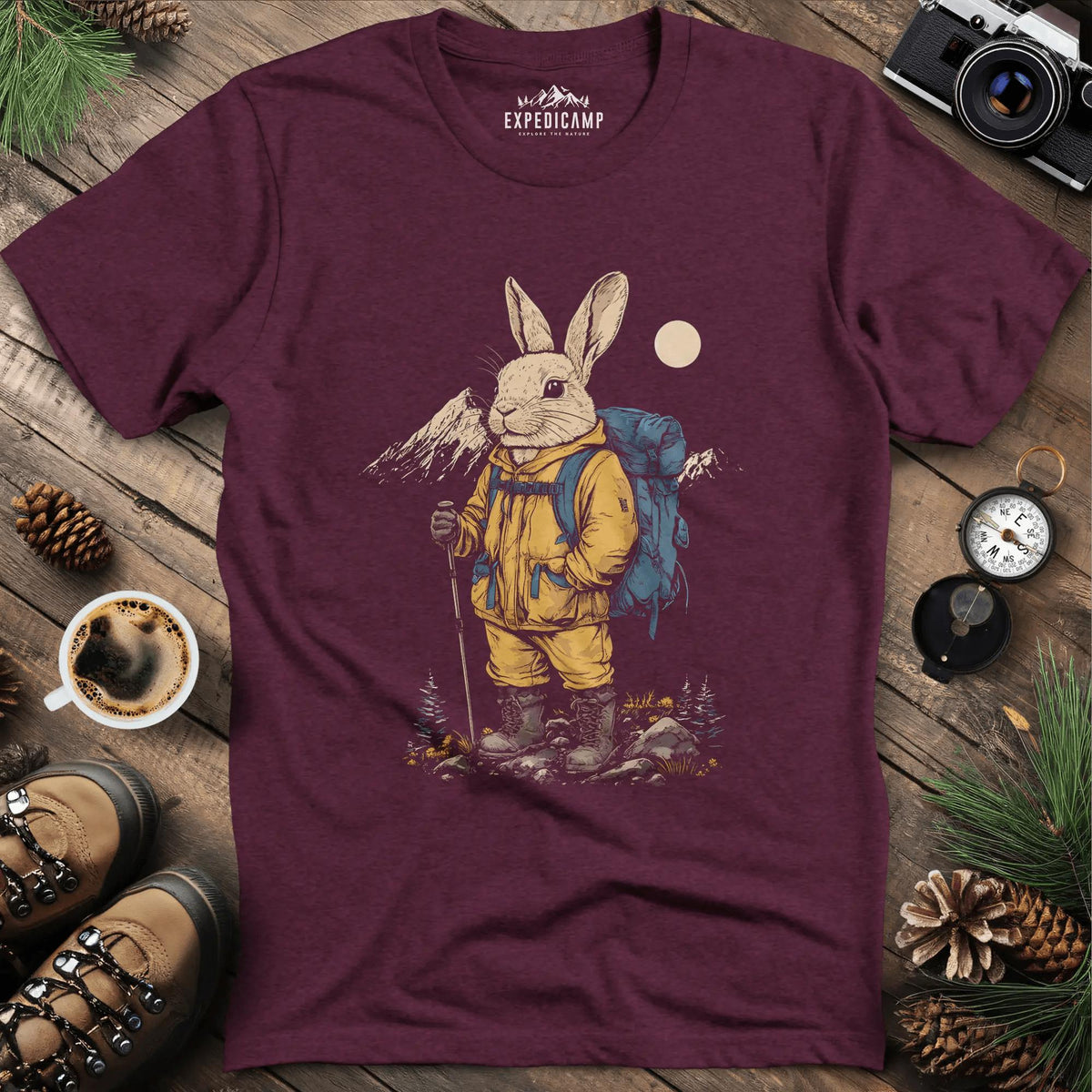 Bunny in the Mountains T-Shirt – Cute Wilderness Companion – Heather Maroon – Outdoor apparel for travel, hiking, camping, and nature lovers – ExpediCamp