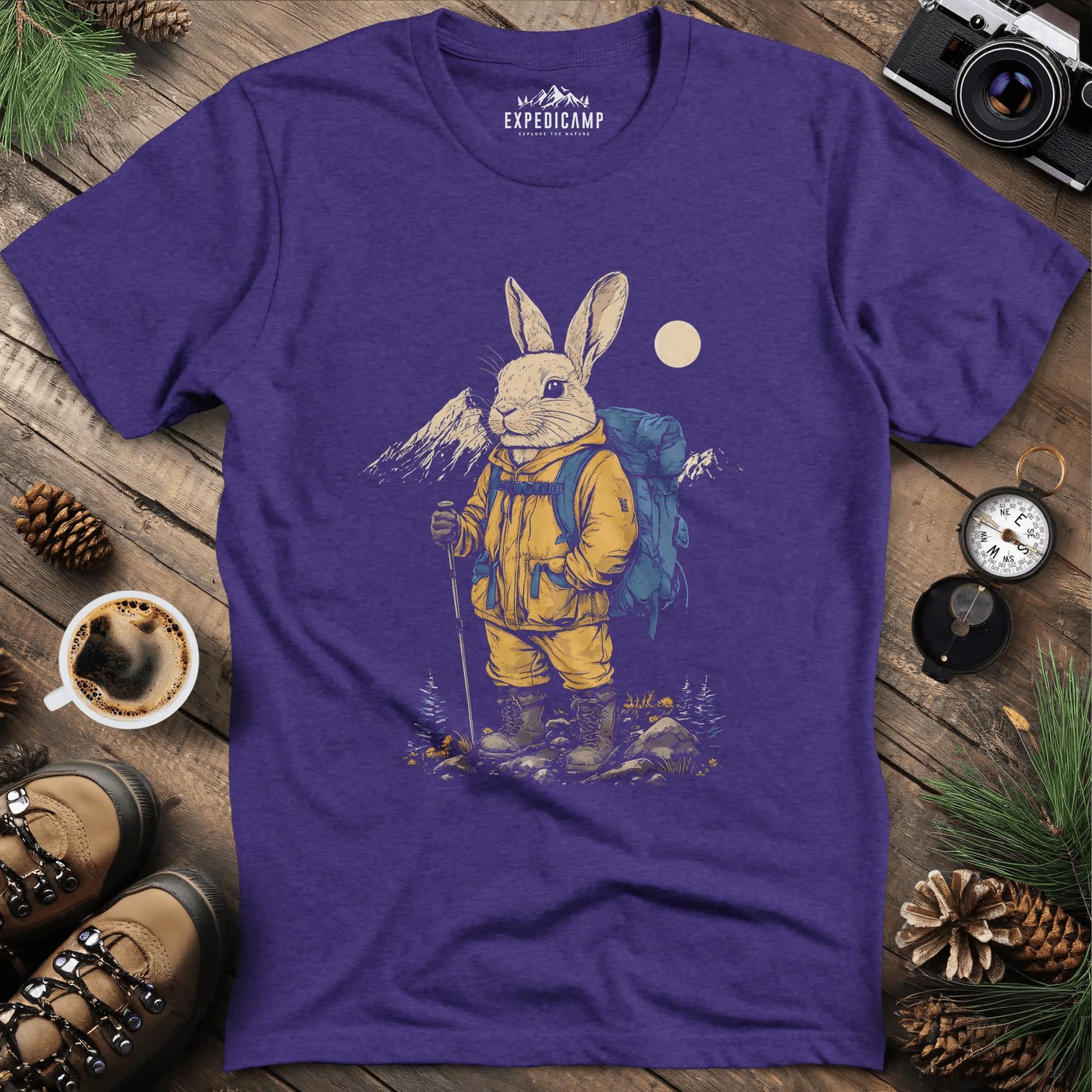Bunny in the Mountains T-Shirt – Cute Wilderness Companion – Heather Purple – Outdoor apparel for travel, hiking, camping, and nature lovers – ExpediCamp