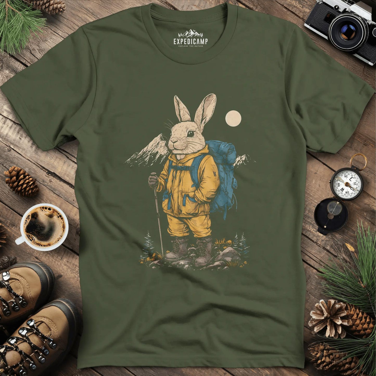 Bunny in the Mountains T-Shirt – Cute Wilderness Companion – Military Green – Outdoor apparel for travel, hiking, camping, and nature lovers – ExpediCamp