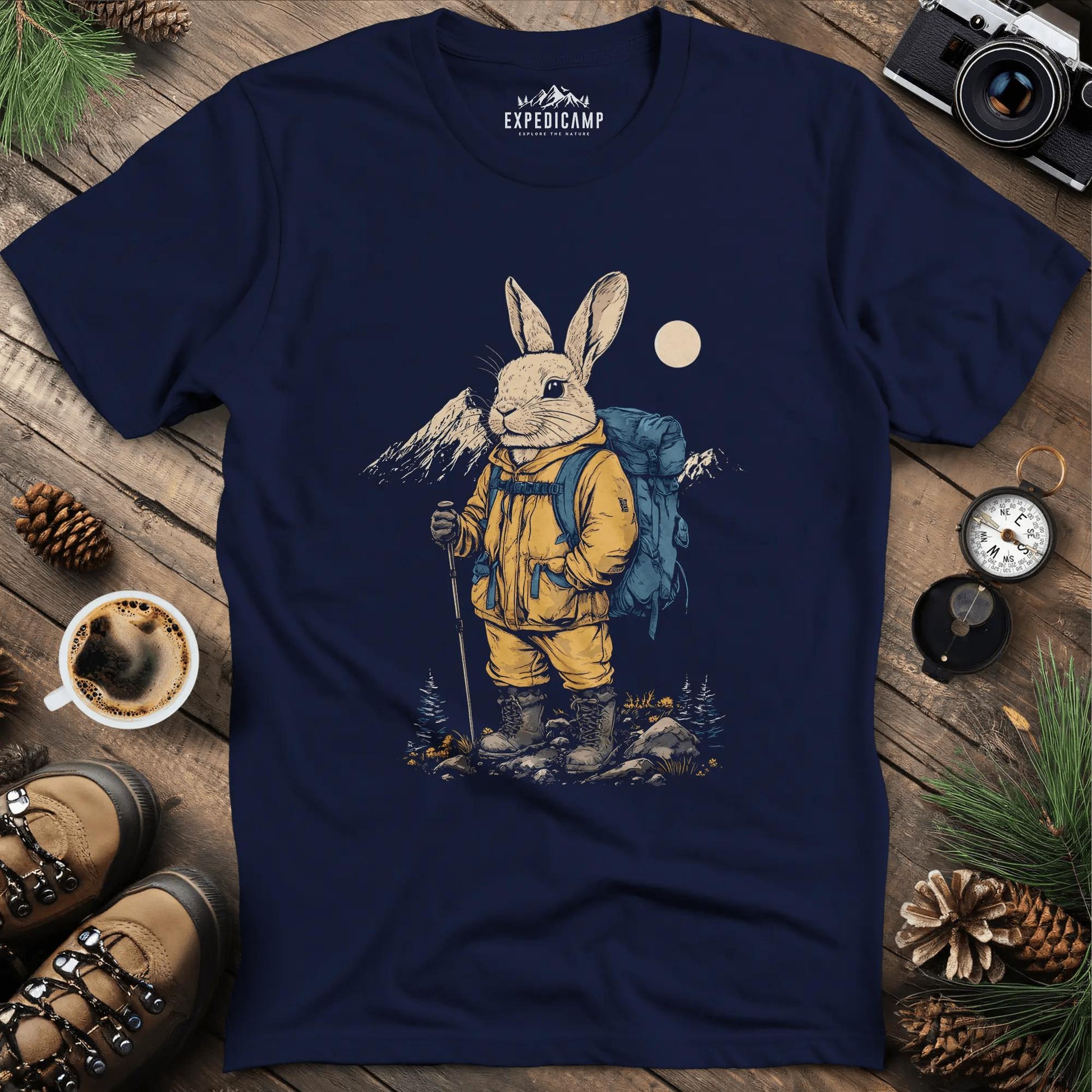 Bunny in the Mountains T-Shirt – Cute Wilderness Companion – Navy – Outdoor apparel for travel, hiking, camping, and nature lovers – ExpediCamp
