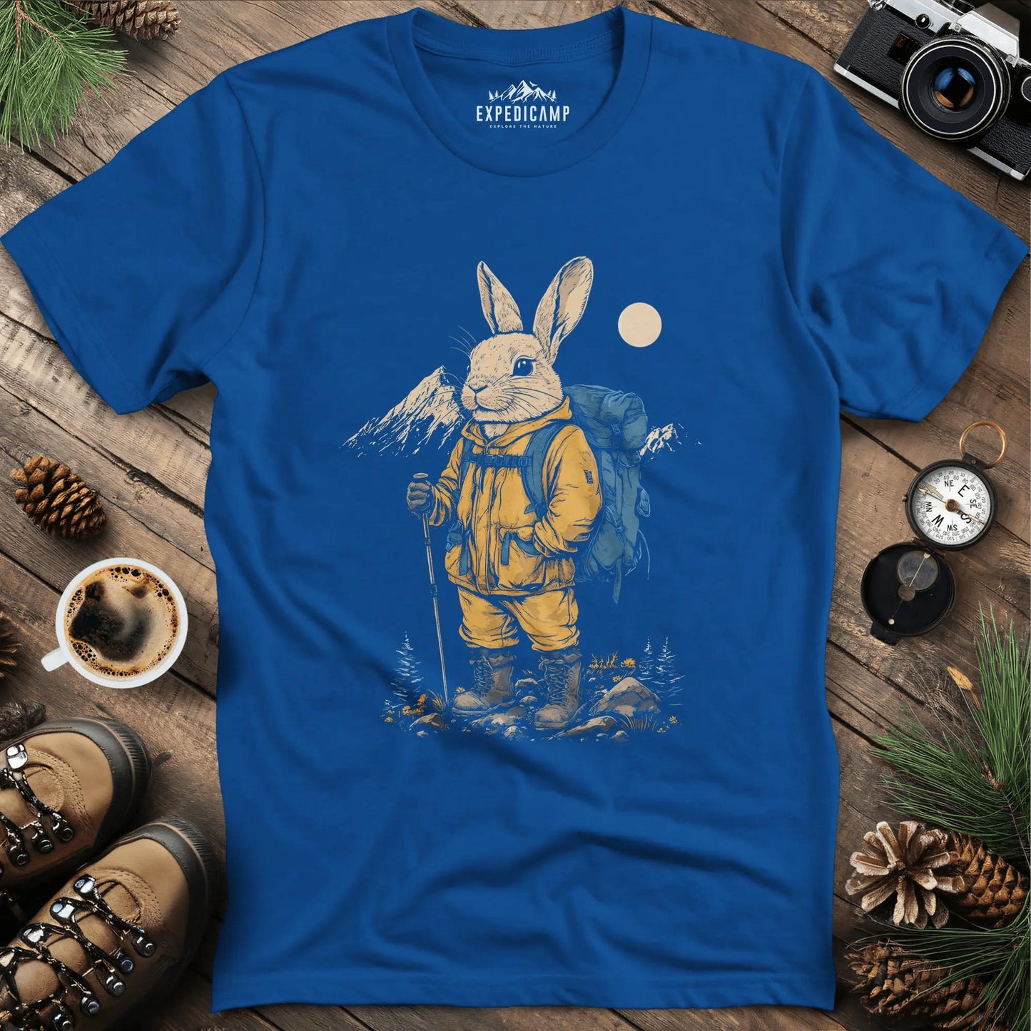 Bunny in the Mountains T-Shirt – Cute Wilderness Companion – Royal – Outdoor apparel for travel, hiking, camping, and nature lovers – ExpediCamp