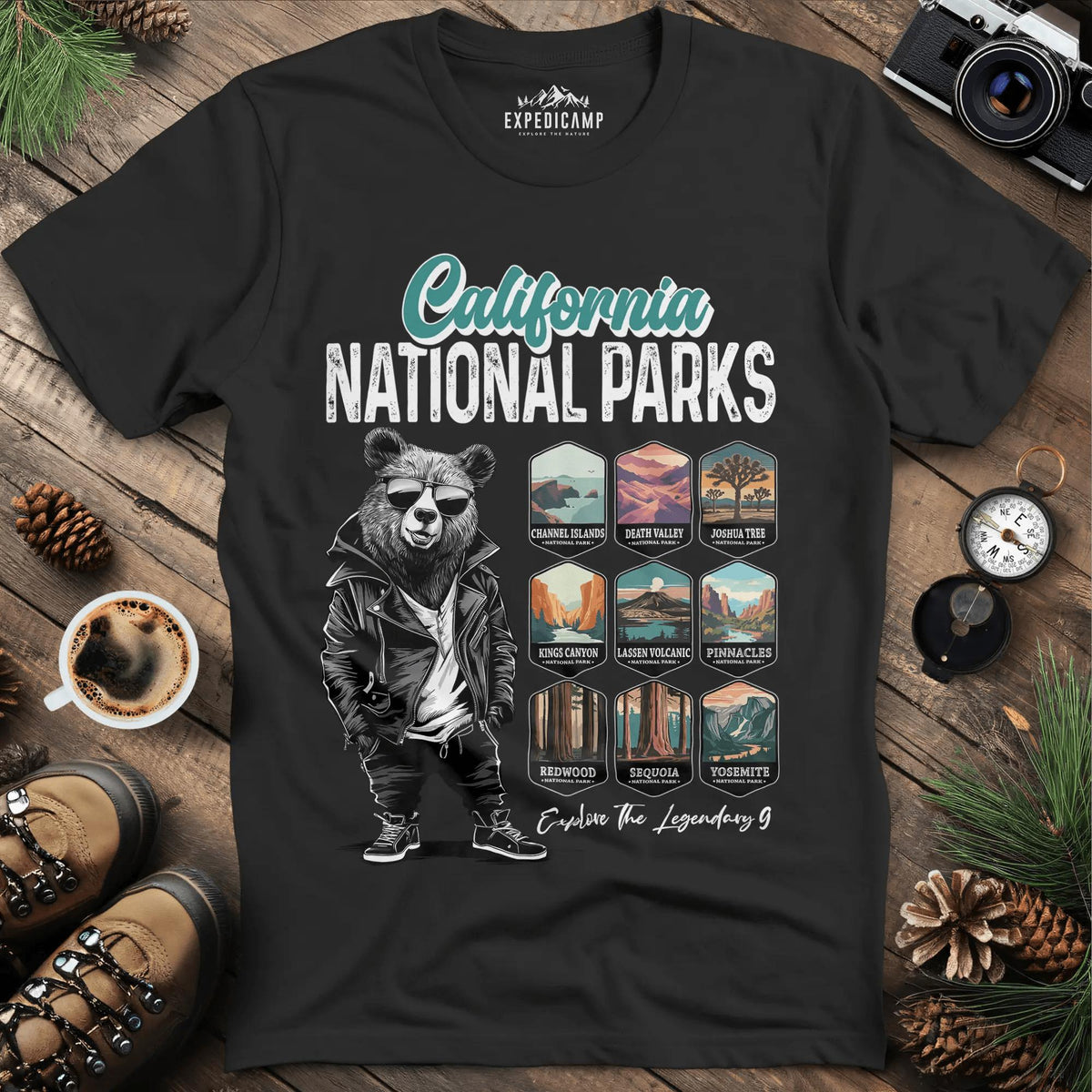 California National Parks Bear T-Shirt – Black – Outdoor apparel for travel, hiking, camping, and nature lovers – ExpediCamp