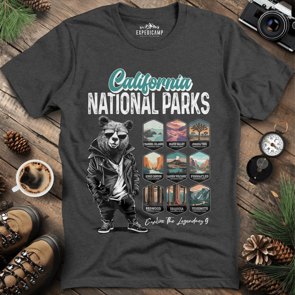 California National Parks Bear T-Shirt – Dark Heather – Outdoor apparel for travel, hiking, camping, and nature lovers – ExpediCamp