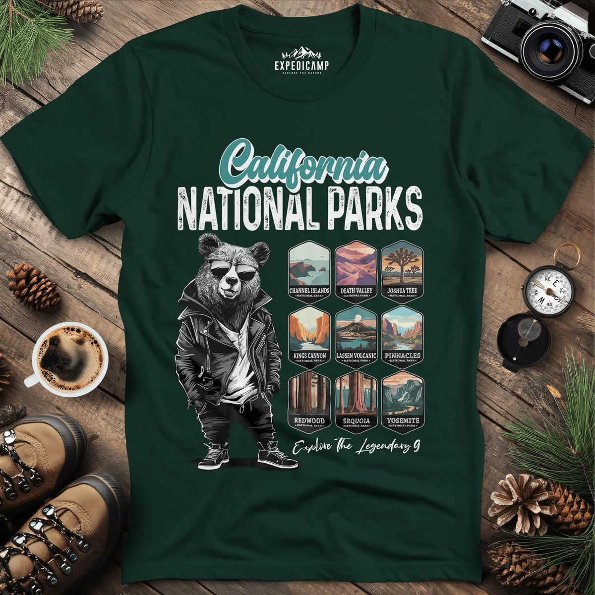 California National Parks Bear T-Shirt – Forest Green – Outdoor apparel for travel, hiking, camping, and nature lovers – ExpediCamp