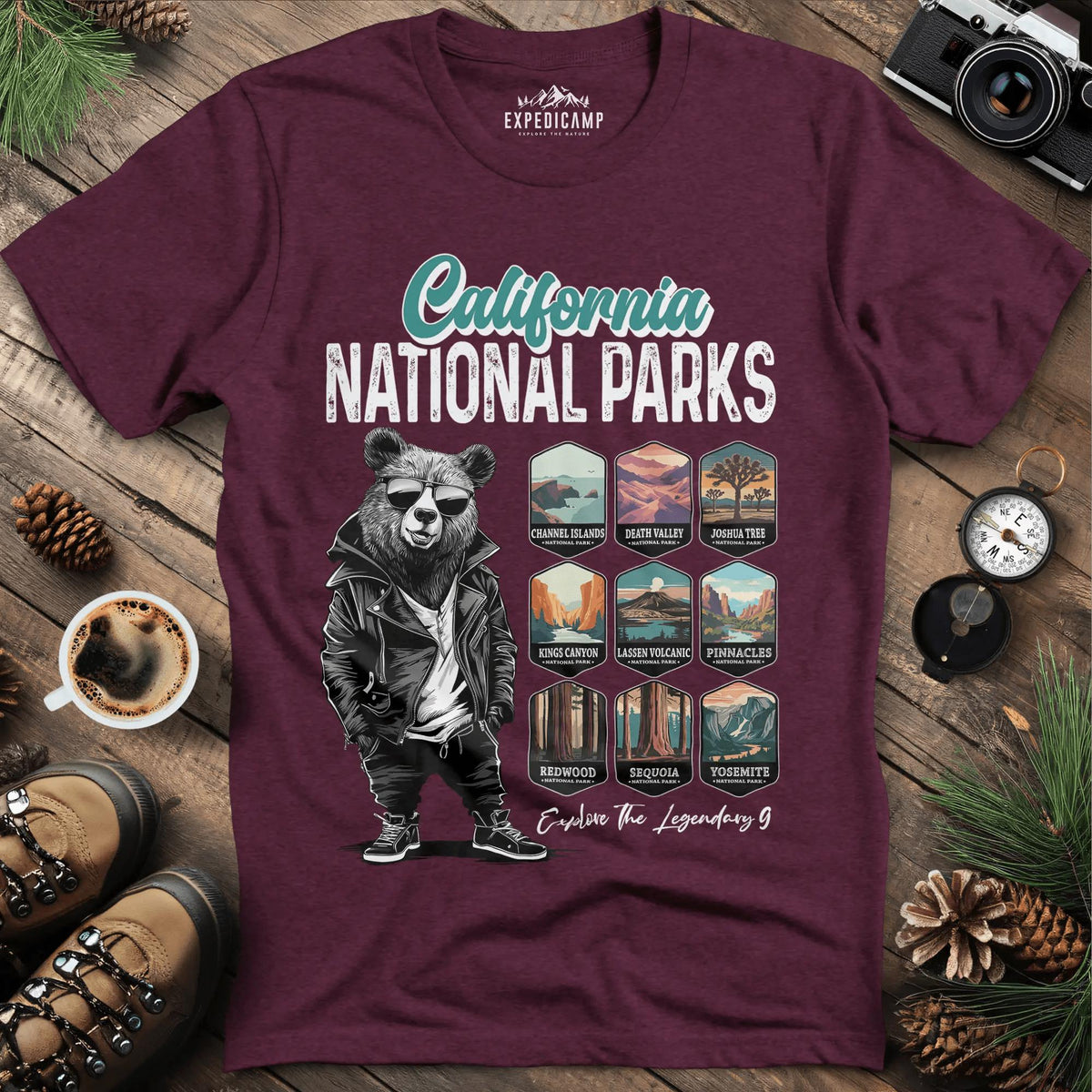California National Parks Bear T-Shirt – Heather Maroon – Outdoor apparel for travel, hiking, camping, and nature lovers – ExpediCamp