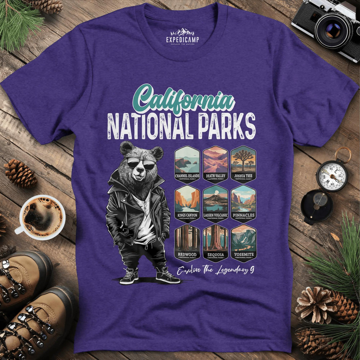 California National Parks Bear T-Shirt – Heather Purple – Outdoor apparel for travel, hiking, camping, and nature lovers – ExpediCamp