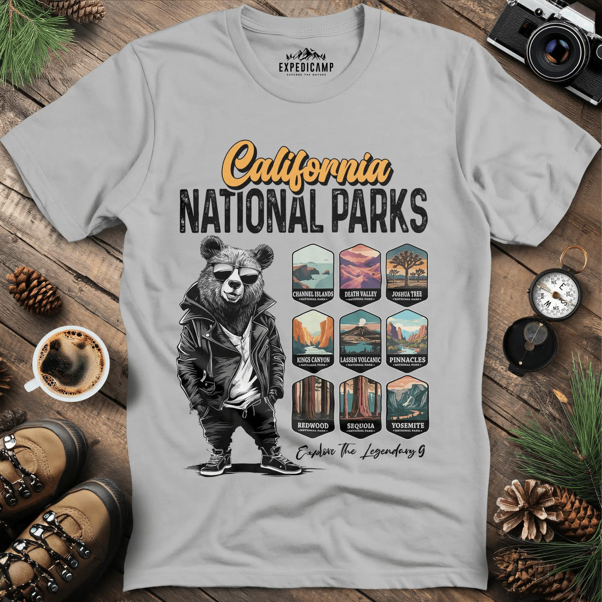 California National Parks Bear T-Shirt – Ice Grey – Outdoor apparel for travel, hiking, camping, and nature lovers – ExpediCamp