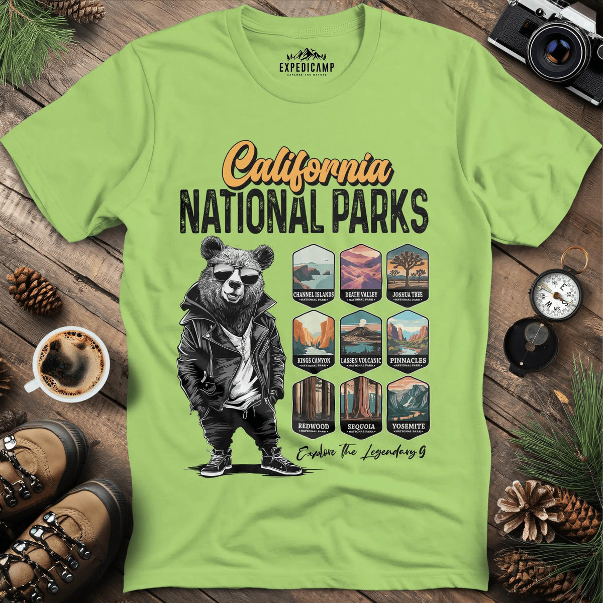 California National Parks Bear T-Shirt – Kiwi – Outdoor apparel for travel, hiking, camping, and nature lovers – ExpediCamp