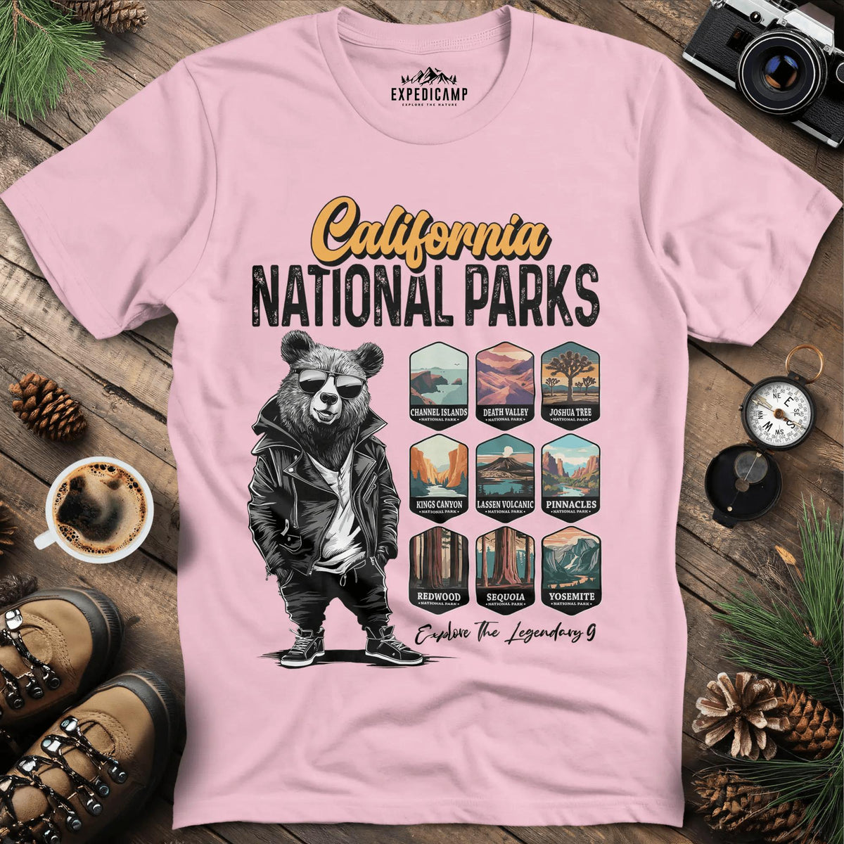 California National Parks Bear T-Shirt – Light Pink – Outdoor apparel for travel, hiking, camping, and nature lovers – ExpediCamp