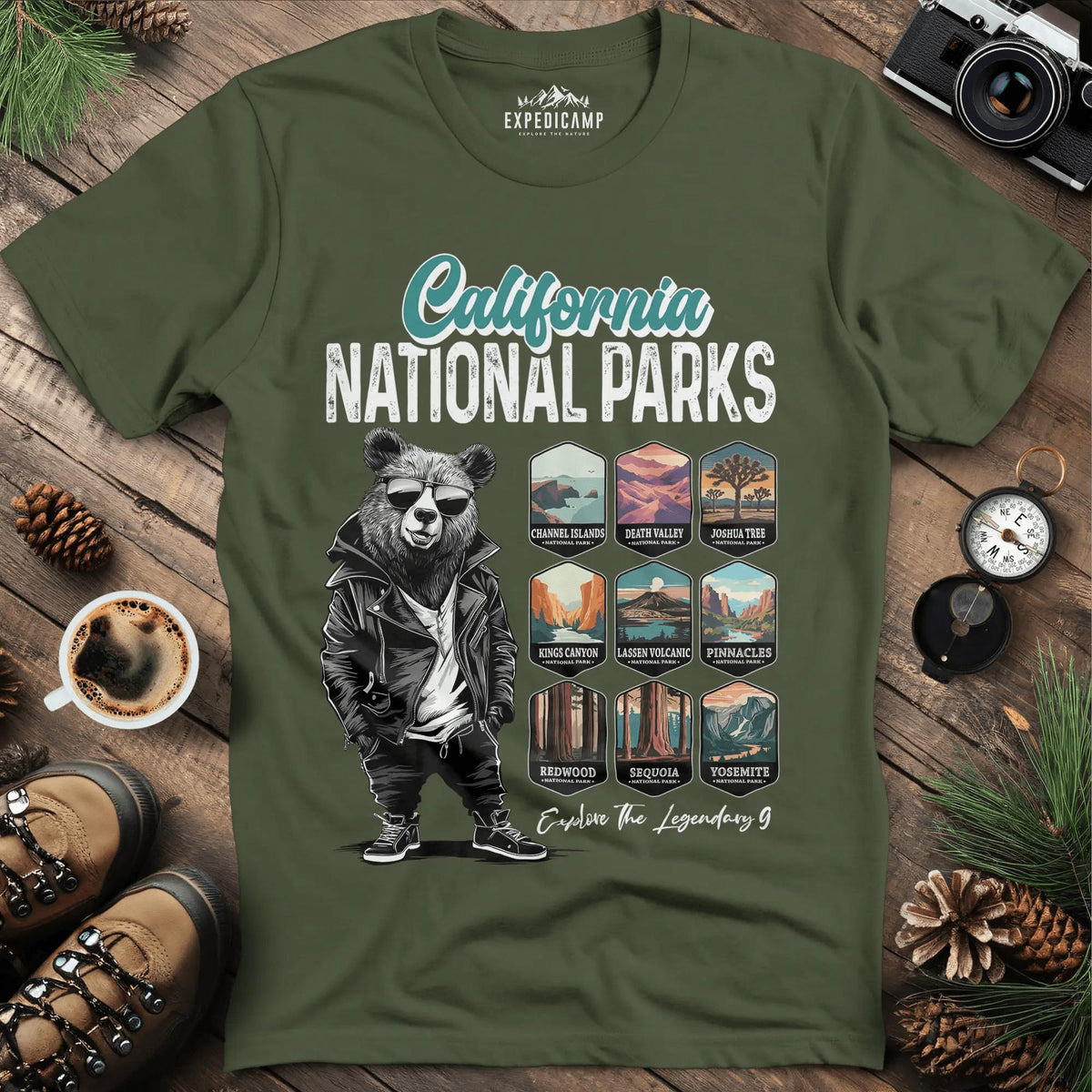 California National Parks Bear T-Shirt – Military Green – Outdoor apparel for travel, hiking, camping, and nature lovers – ExpediCamp