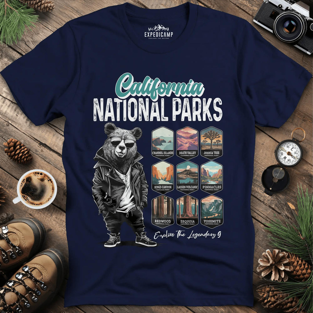 California National Parks Bear T-Shirt – Navy – Outdoor apparel for travel, hiking, camping, and nature lovers – ExpediCamp