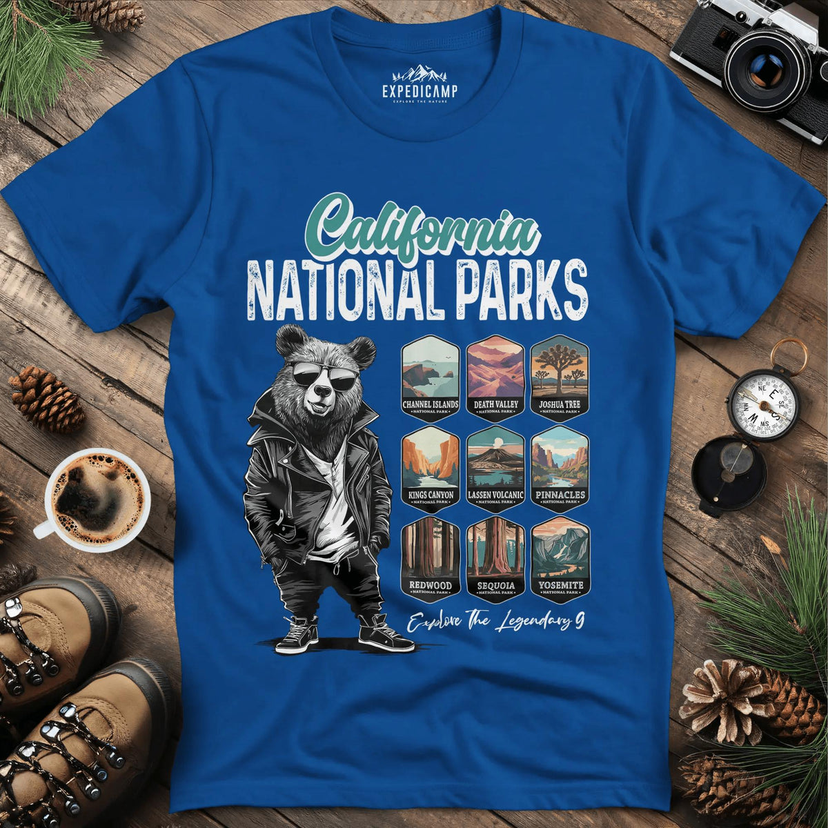 California National Parks Bear T-Shirt – Royal – Outdoor apparel for travel, hiking, camping, and nature lovers – ExpediCamp