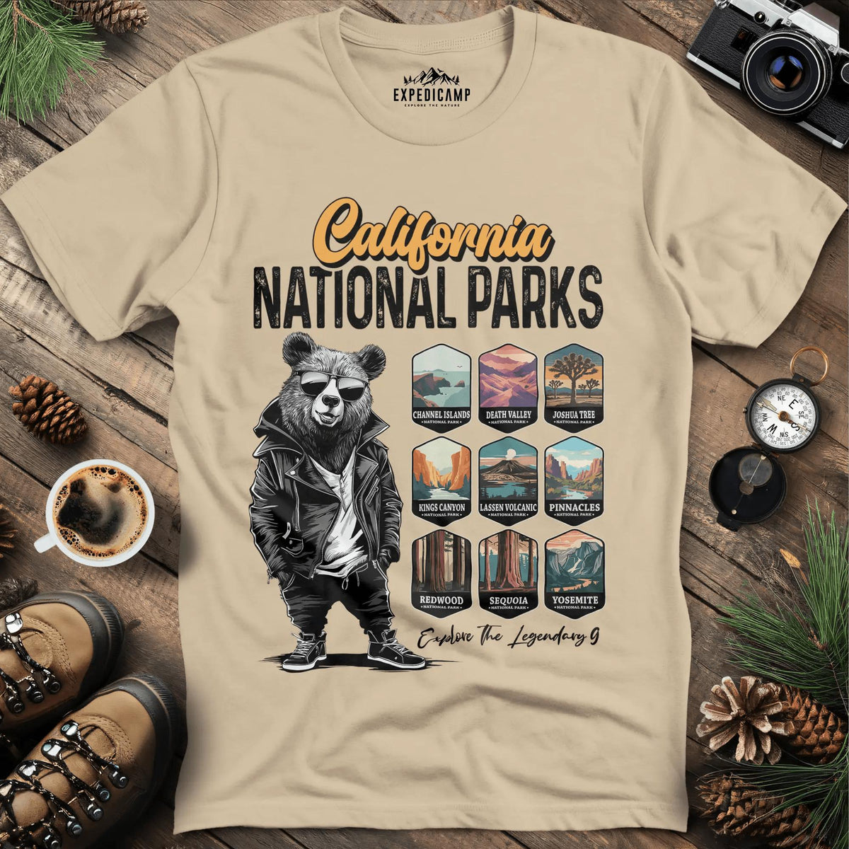 California National Parks Bear T-Shirt – Sand – Outdoor apparel for travel, hiking, camping, and nature lovers – ExpediCamp