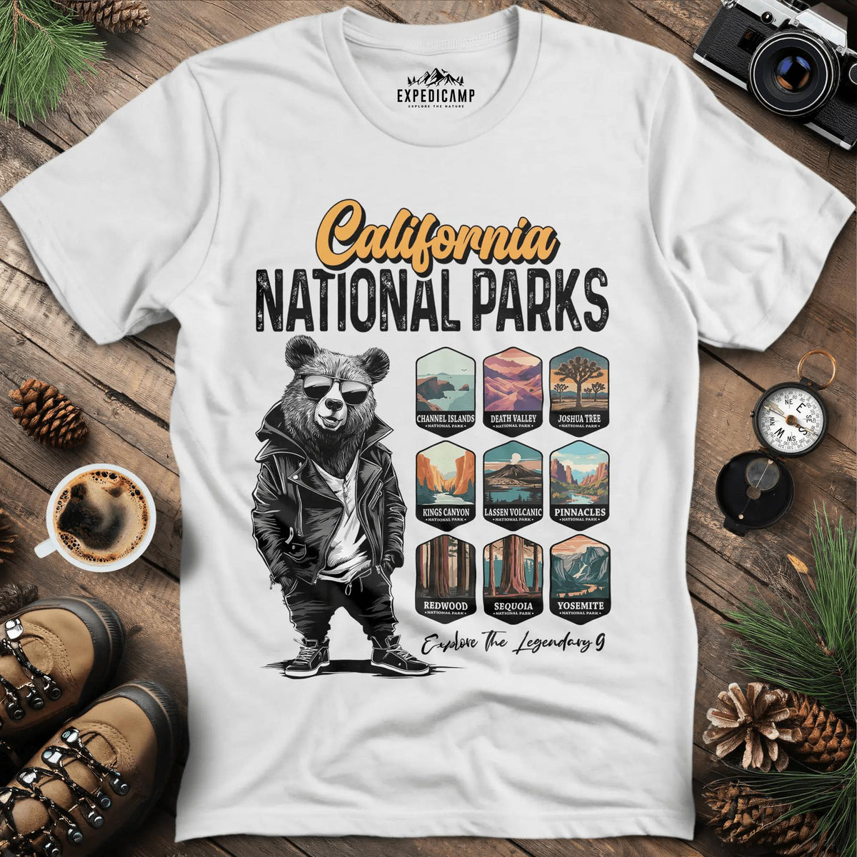 California National Parks Bear T-Shirt – White – Outdoor apparel for travel, hiking, camping, and nature lovers – ExpediCamp