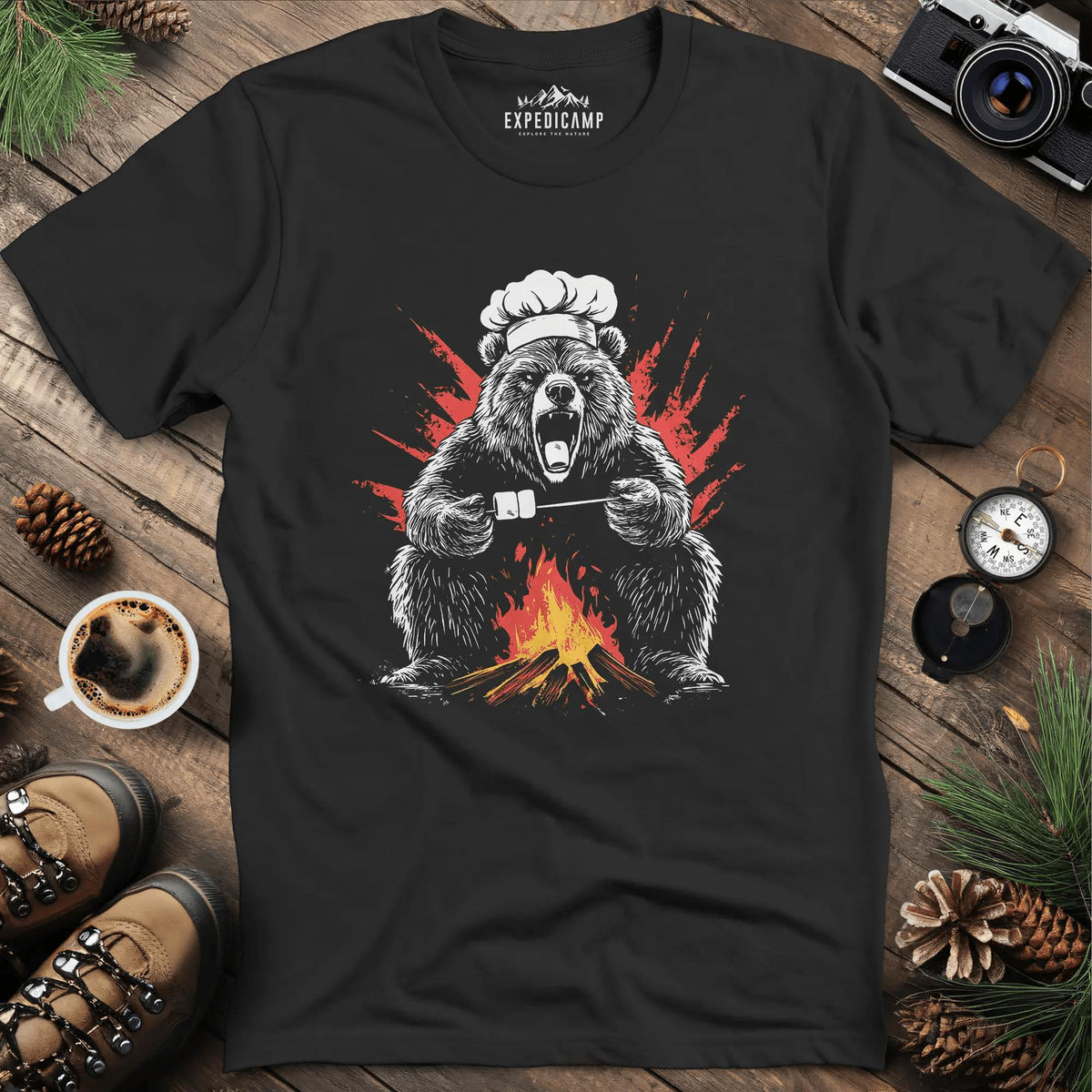 Campfire Chef Bear T-Shirt – Black – Outdoor apparel for travel, hiking, camping, and nature lovers – ExpediCamp