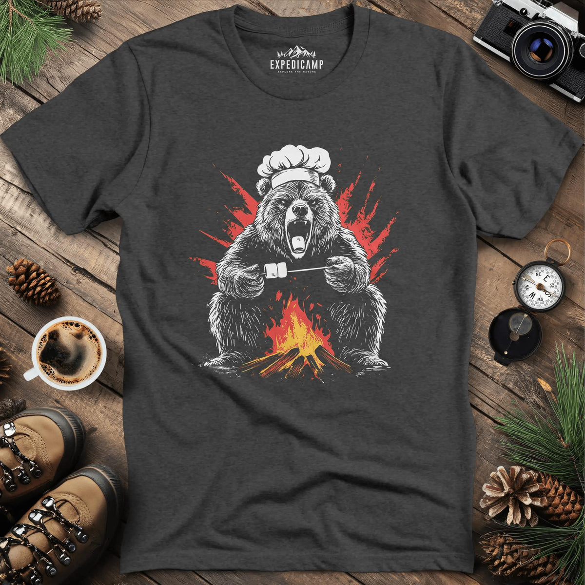 Campfire Chef Bear T-Shirt – Dark Heather – Outdoor apparel for travel, hiking, camping, and nature lovers – ExpediCamp