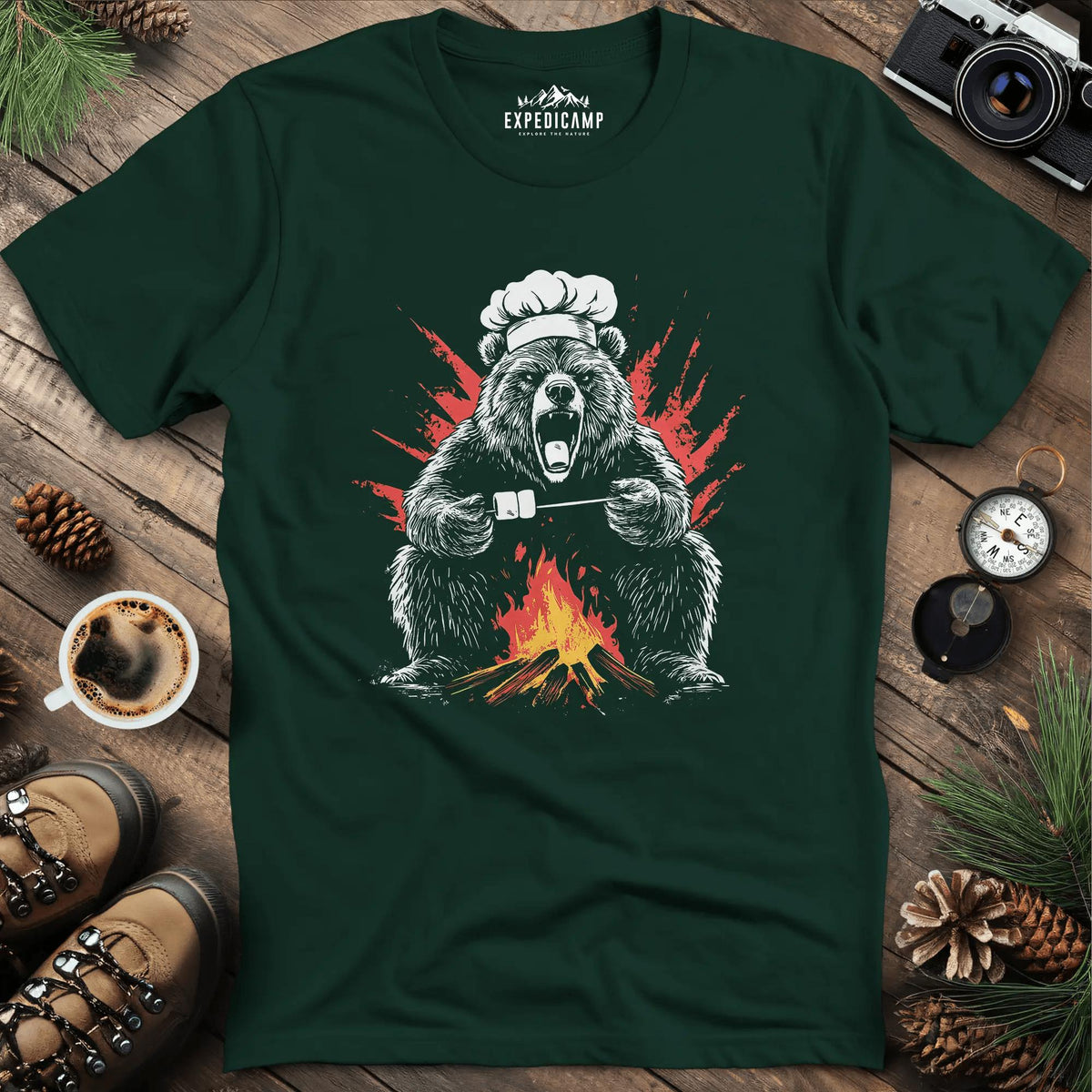 Campfire Chef Bear T-Shirt – Forest Green – Outdoor apparel for travel, hiking, camping, and nature lovers – ExpediCamp