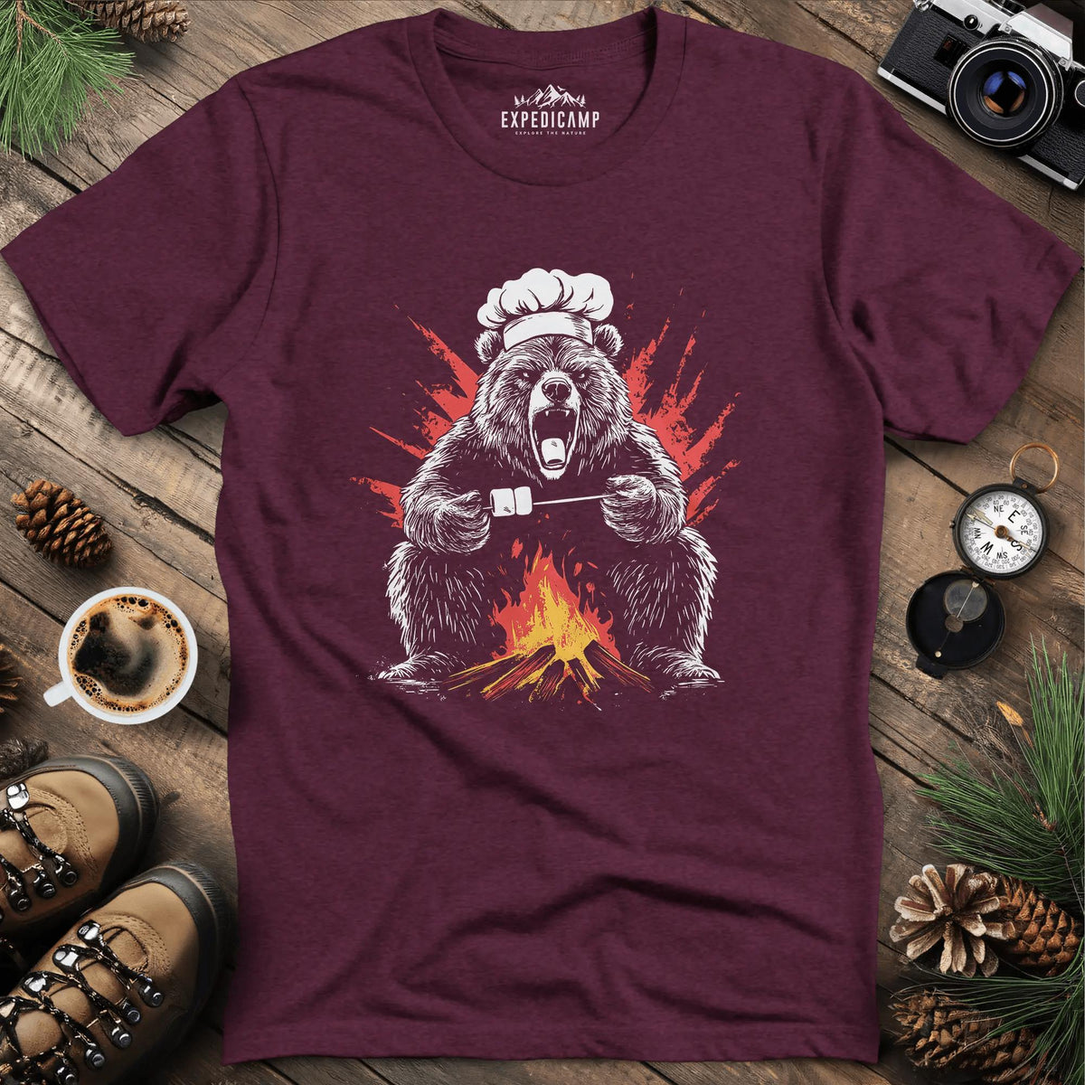 Campfire Chef Bear T-Shirt – Heather Maroon – Outdoor apparel for travel, hiking, camping, and nature lovers – ExpediCamp