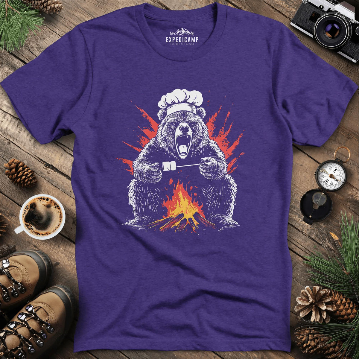 Campfire Chef Bear T-Shirt – Heather Purple – Outdoor apparel for travel, hiking, camping, and nature lovers – ExpediCamp