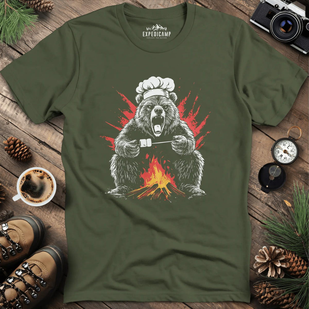 Campfire Chef Bear T-Shirt – Military Green – Outdoor apparel for travel, hiking, camping, and nature lovers – ExpediCamp