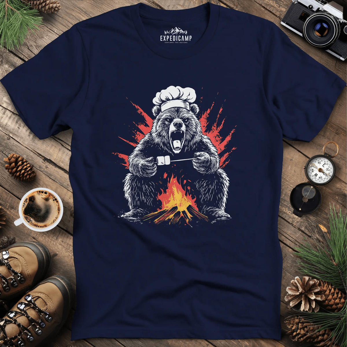Campfire Chef Bear T-Shirt – Navy – Outdoor apparel for travel, hiking, camping, and nature lovers – ExpediCamp