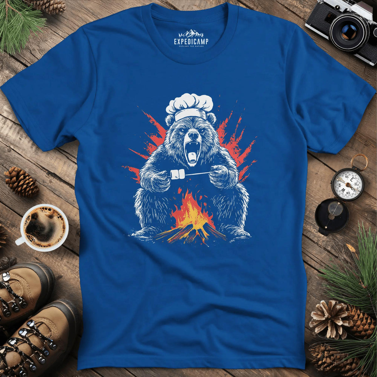 Campfire Chef Bear T-Shirt – Royal – Outdoor apparel for travel, hiking, camping, and nature lovers – ExpediCamp