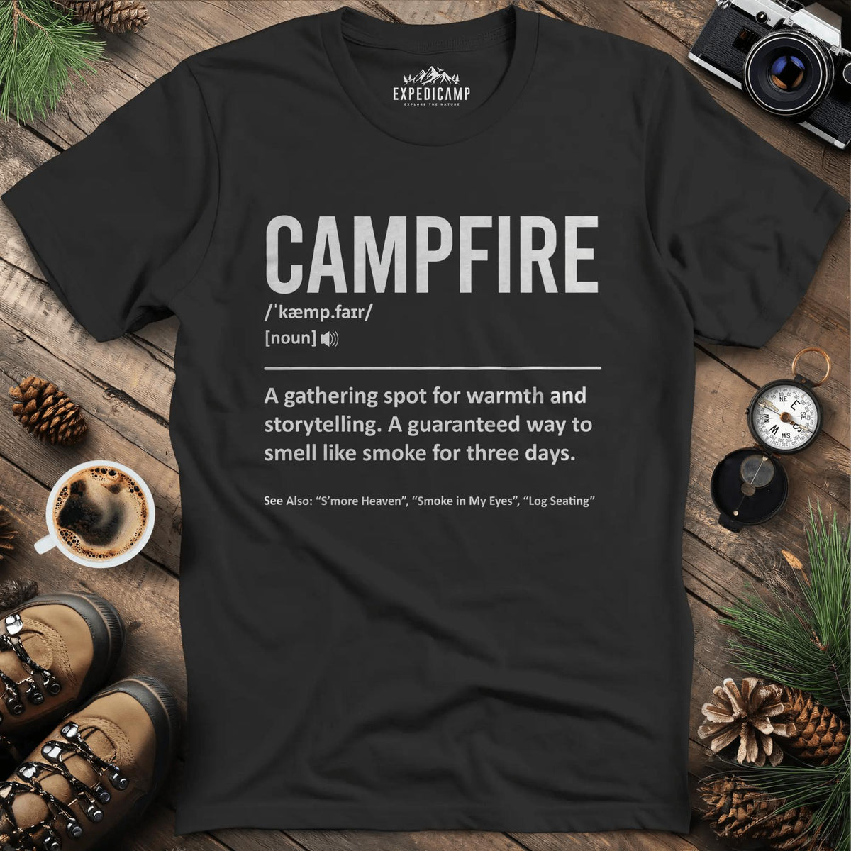 Campfire Definition T-Shirt – Black – Outdoor apparel for travel, hiking, camping, and nature lovers – ExpediCamp