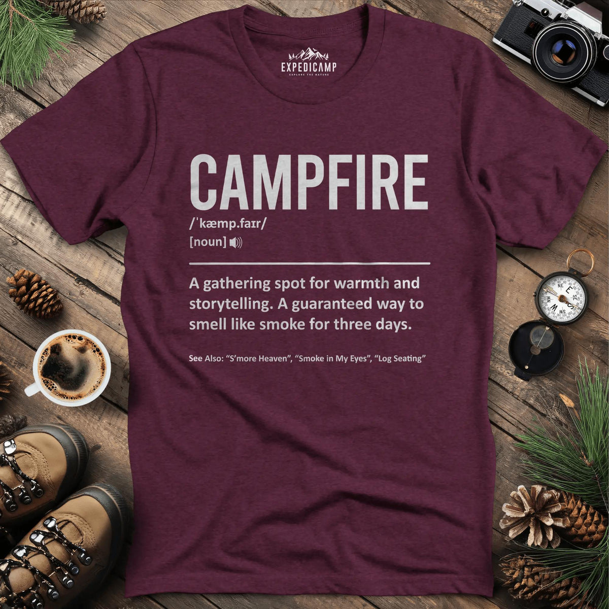 Campfire Definition T-Shirt – Heather Maroon – Outdoor apparel for travel, hiking, camping, and nature lovers – ExpediCamp