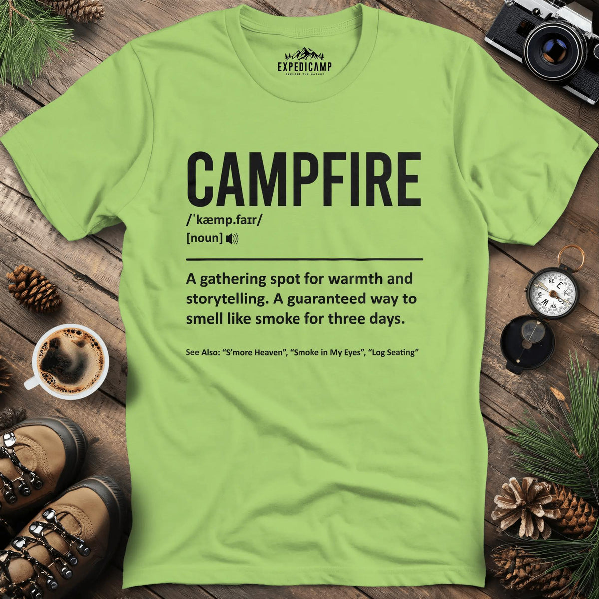Campfire Definition T-Shirt – Kiwi – Outdoor apparel for travel, hiking, camping, and nature lovers – ExpediCamp