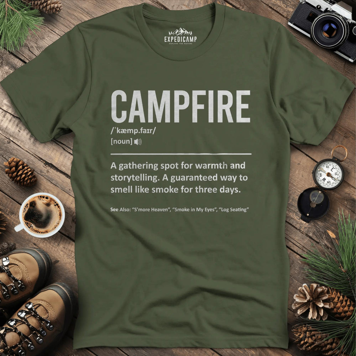 Campfire Definition T-Shirt – Military Green – Outdoor apparel for travel, hiking, camping, and nature lovers – ExpediCamp