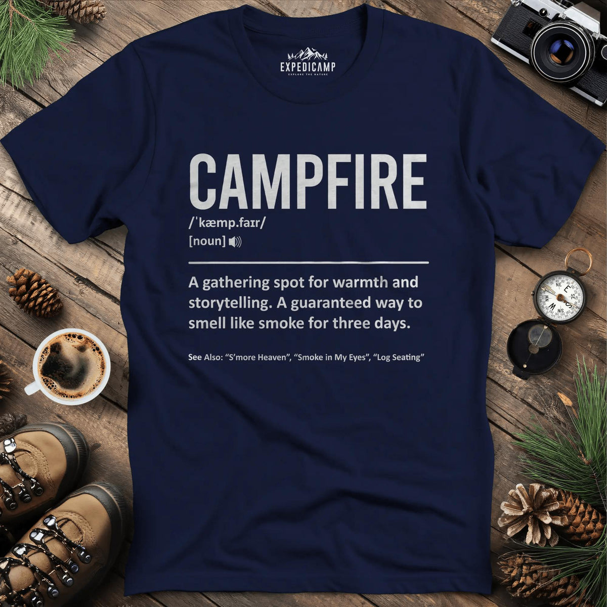Campfire Definition T-Shirt – Navy – Outdoor apparel for travel, hiking, camping, and nature lovers – ExpediCamp