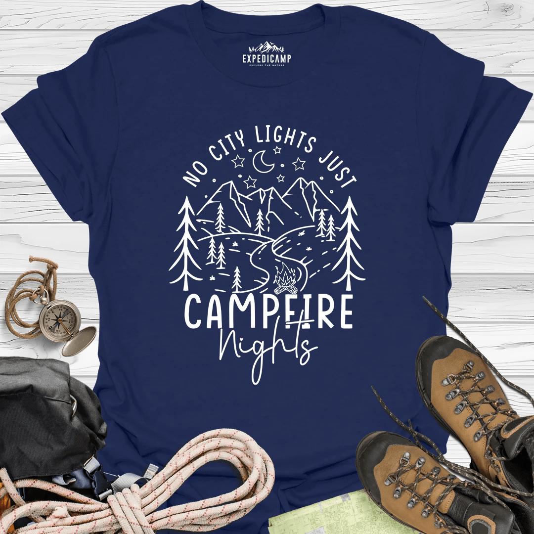 Campfire Nights T-Shirt – Navy – Outdoor apparel for travel, hiking, camping, and nature lovers – ExpediCamp