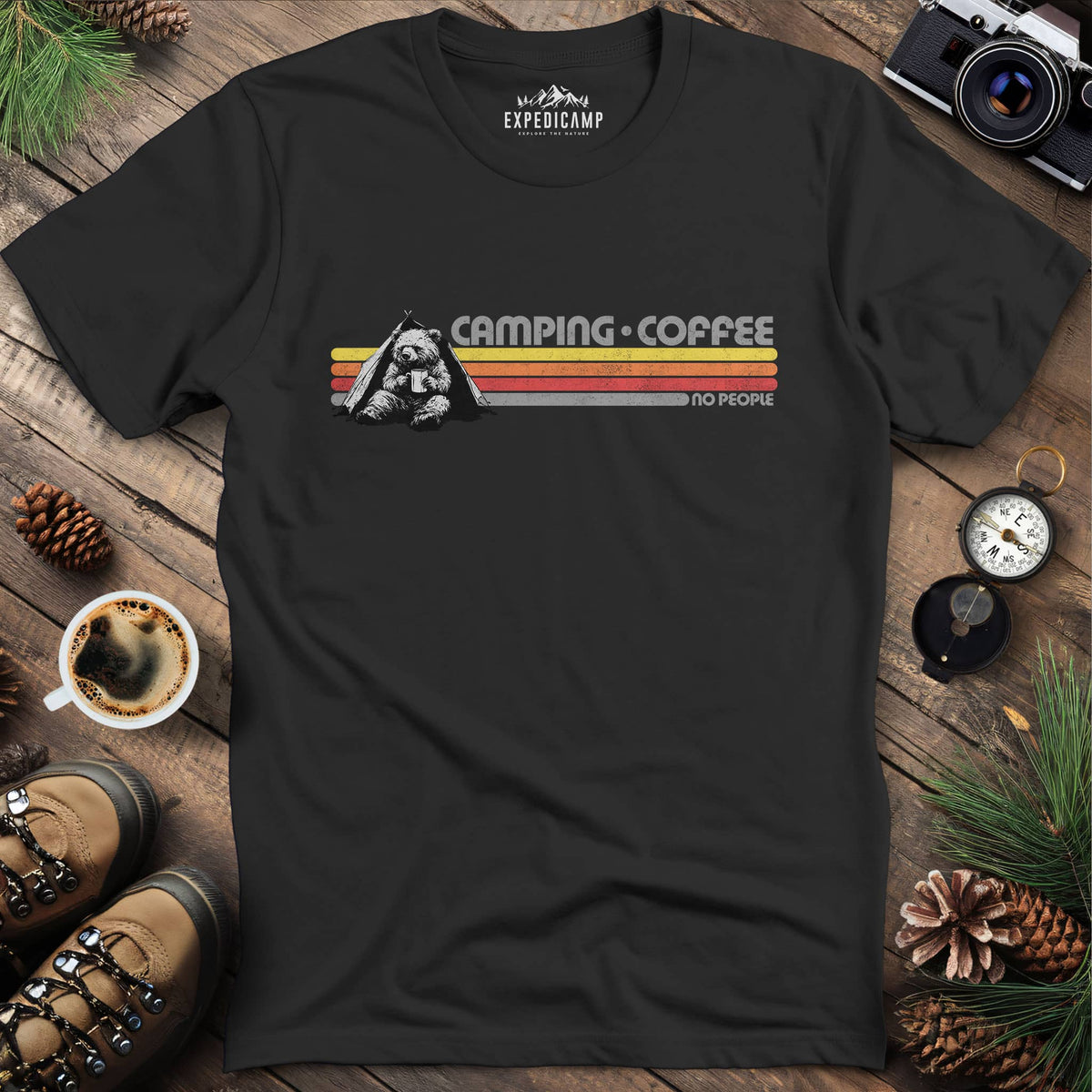 Camping Coffee No People Bear T-Shirt – Black – Outdoor apparel for travel, hiking, camping, and nature lovers – ExpediCamp