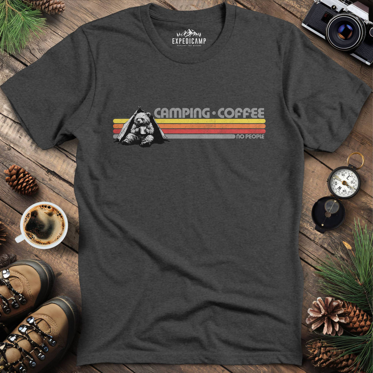 Camping Coffee No People Bear T-Shirt – Dark Heather – Outdoor apparel for travel, hiking, camping, and nature lovers – ExpediCamp