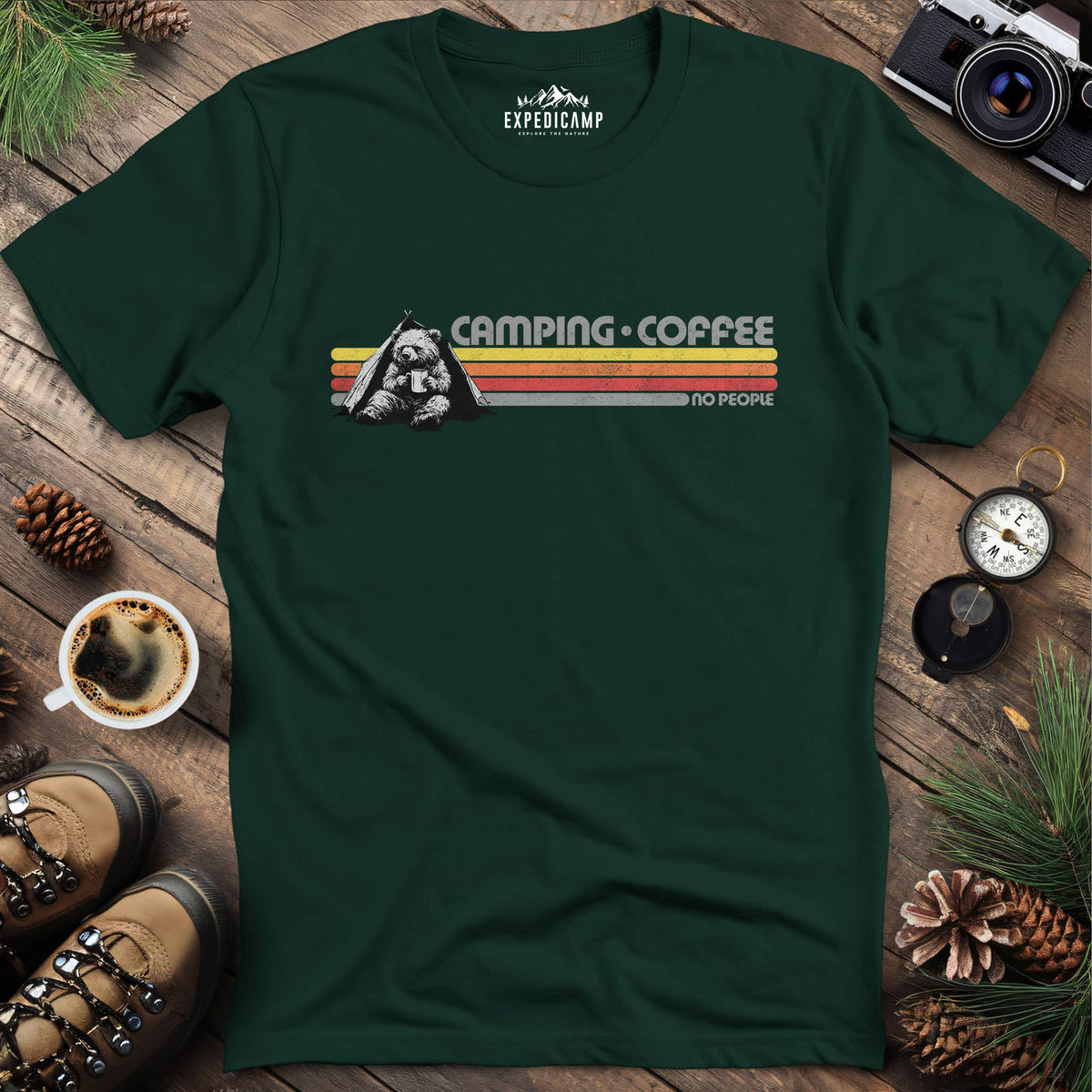 Camping Coffee No People Bear T-Shirt – Forest Green – Outdoor apparel for travel, hiking, camping, and nature lovers – ExpediCamp