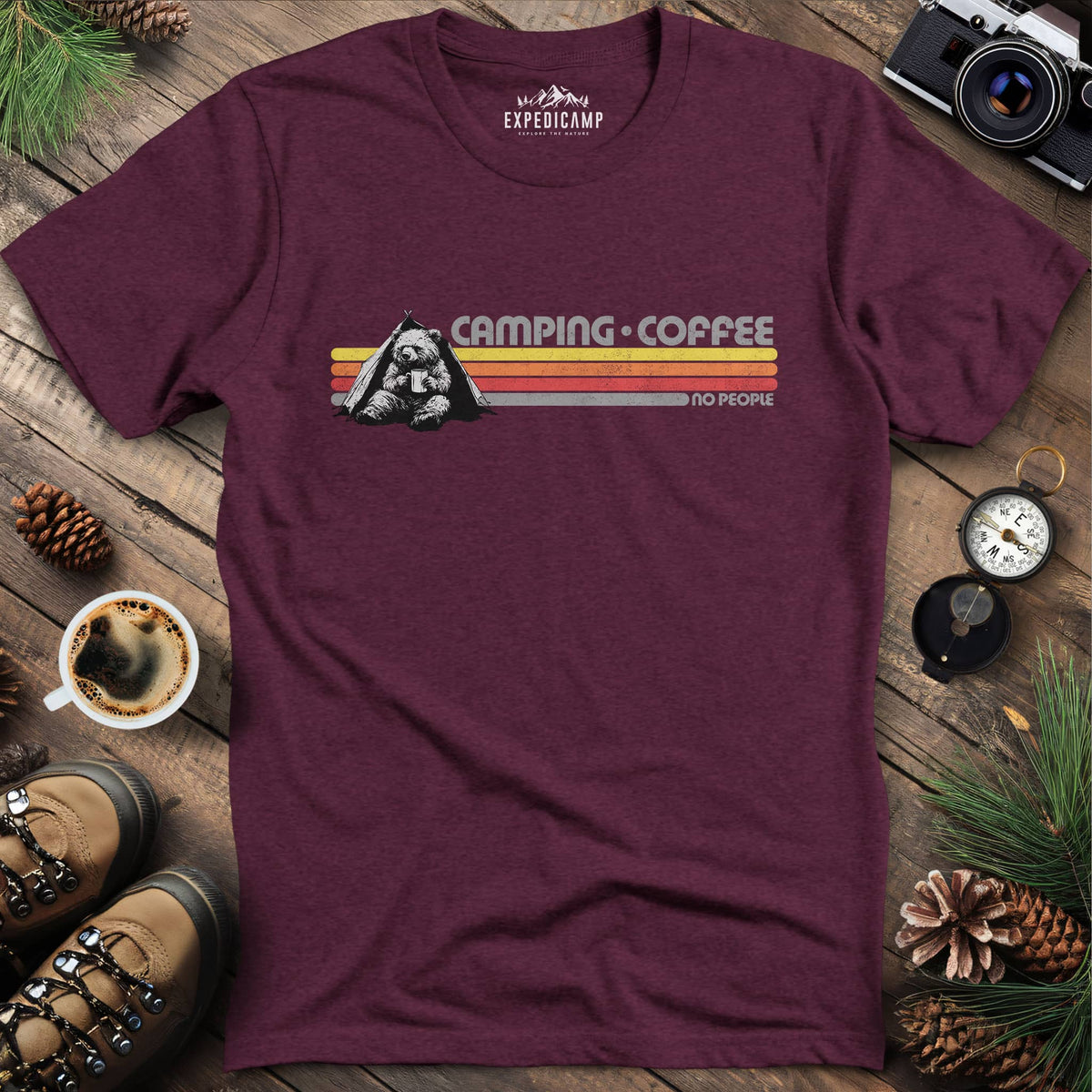 Camping Coffee No People Bear T-Shirt – Heather Maroon – Outdoor apparel for travel, hiking, camping, and nature lovers – ExpediCamp