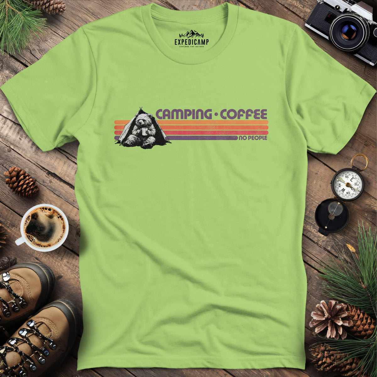 Camping Coffee No People Bear T-Shirt – Kiwi – Outdoor apparel for travel, hiking, camping, and nature lovers – ExpediCamp