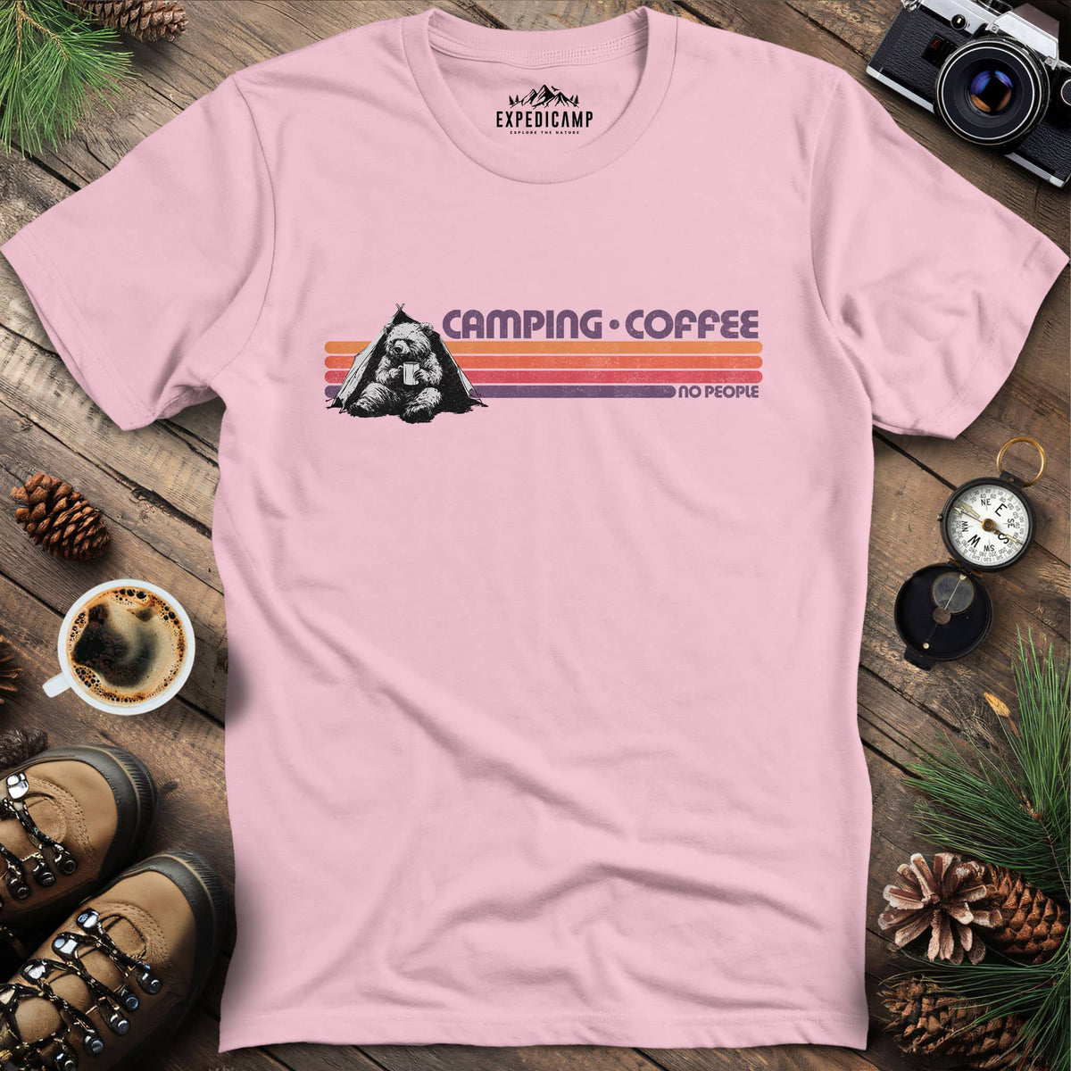 Camping Coffee No People Bear T-Shirt – Light Pink – Outdoor apparel for travel, hiking, camping, and nature lovers – ExpediCamp